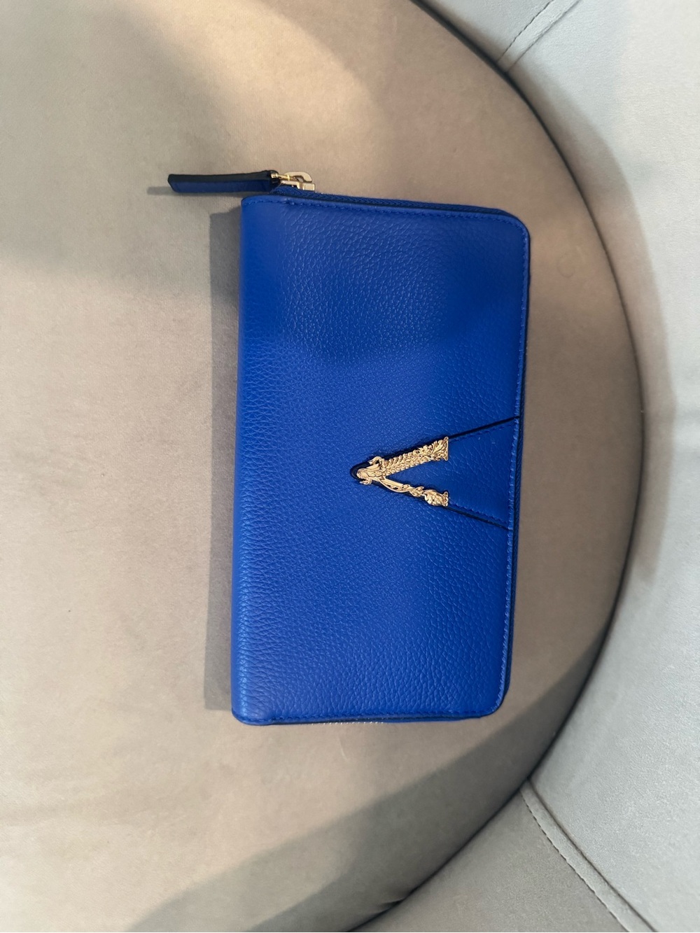 Versace Electric Blue Leather Zip Wallet with Gold Medusa Detail